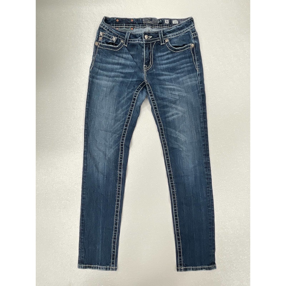 Miss Me Skinny Jeans Sz 30 Bling Fleur De Lis Crystal Embellished Dark Wash